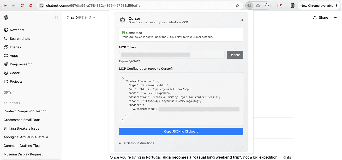 Connectors tab showing Cursor section with MCP configuration and Copy JSON button