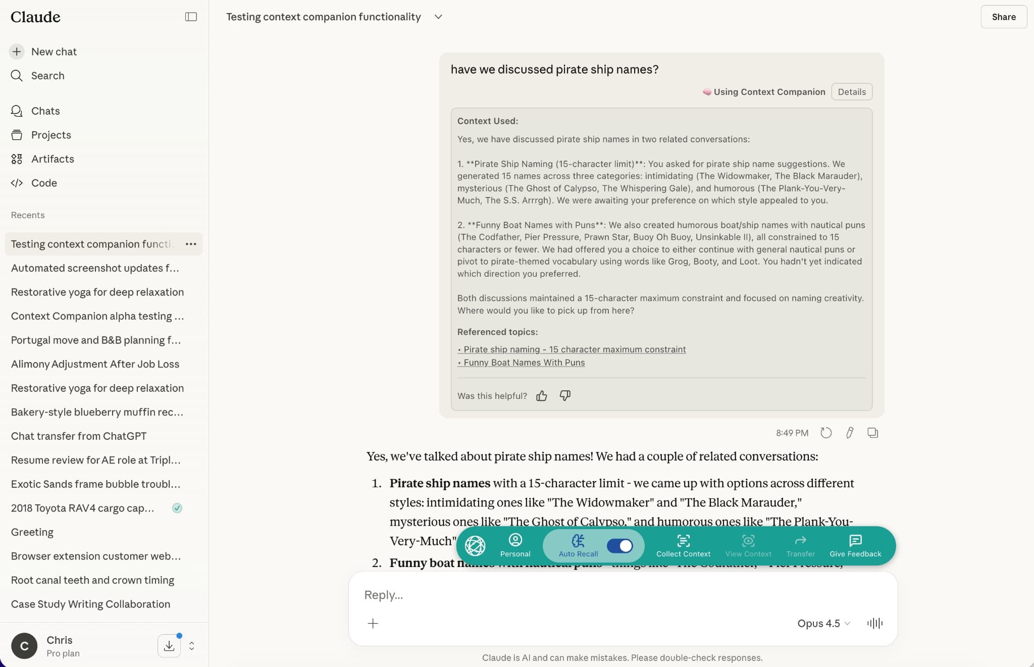 Context Companion in use on Claude